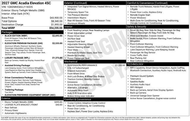 2027 GMC Acadia Elevation